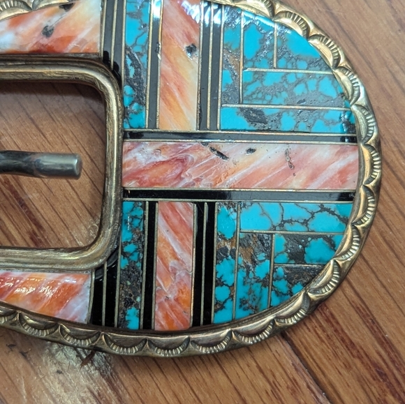 Vtg Native American Jerry Johnson Turquoise Inlayed Sterling Silver Buckle Tips main image 4
